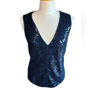 DKNY Navy Sequin & Sheer Mesh, Sleeveless Shell  - Tank top - Size Medium